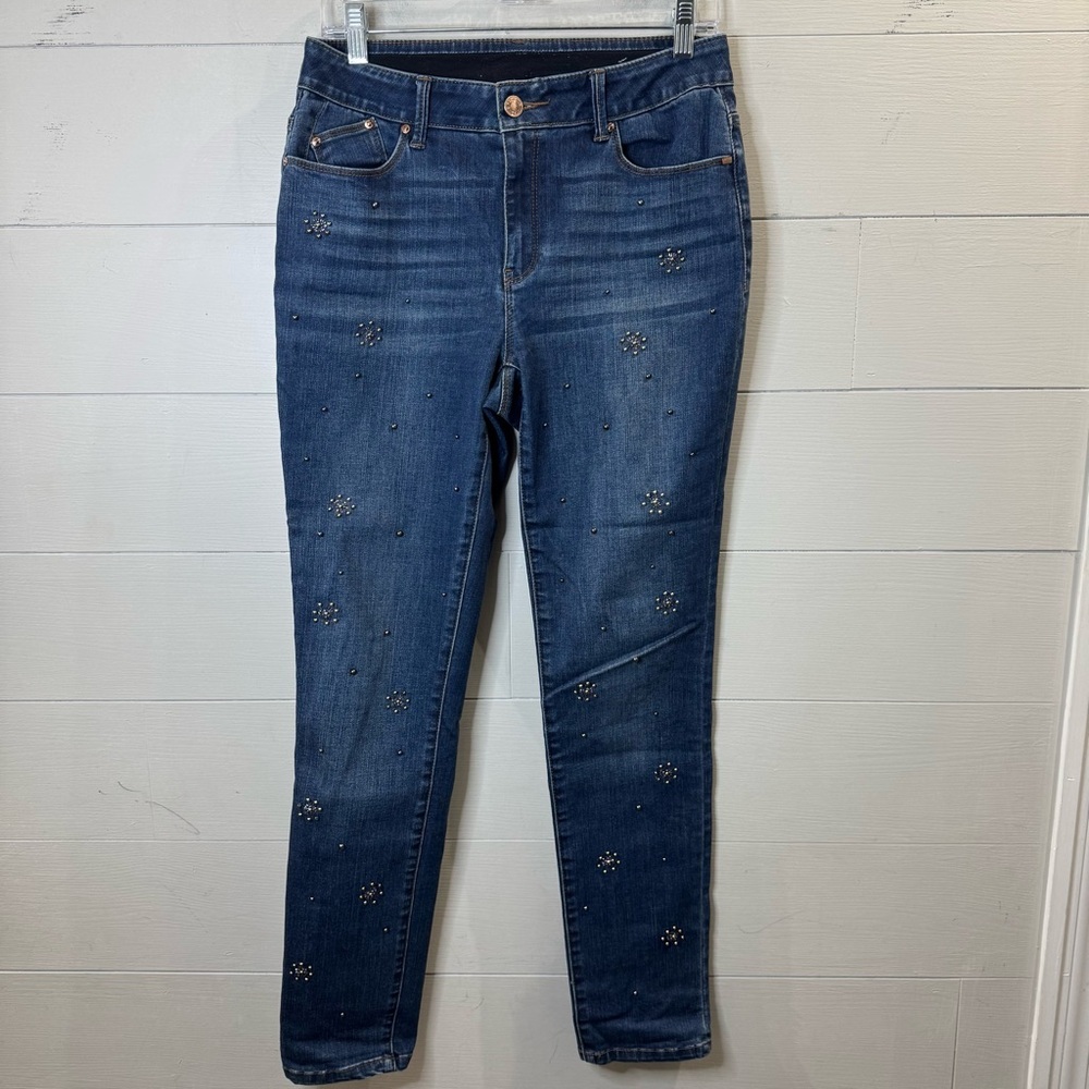 Chico's Women's Embellished Blue Jeans With Elastic Waistband Size 6